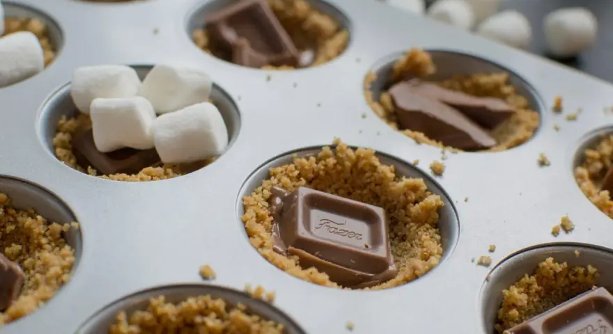 S'mores i ugn förbereds i en muffinsform med krossade kex, chokladbitar och marshmallows.