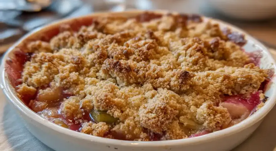 Enkel rabarberpaj med krispigt smultäcke. En härlig dessert som doftar sommar.