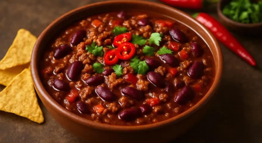 En skål med mustig chili con carne, toppad med färsk koriander och chiliskivor. Tortillachips och hela röda chilifrukter ligger bredvid.