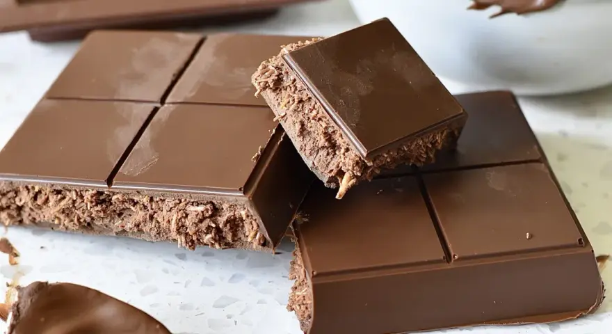 En fransk chokladtårta med krispig fyllning av kokos och choklad, redo att avnjutas.