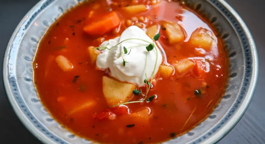 En värmande tomatsoppa med potatis, morötter och en klick krämig creme fraiche, toppad med färska örter.