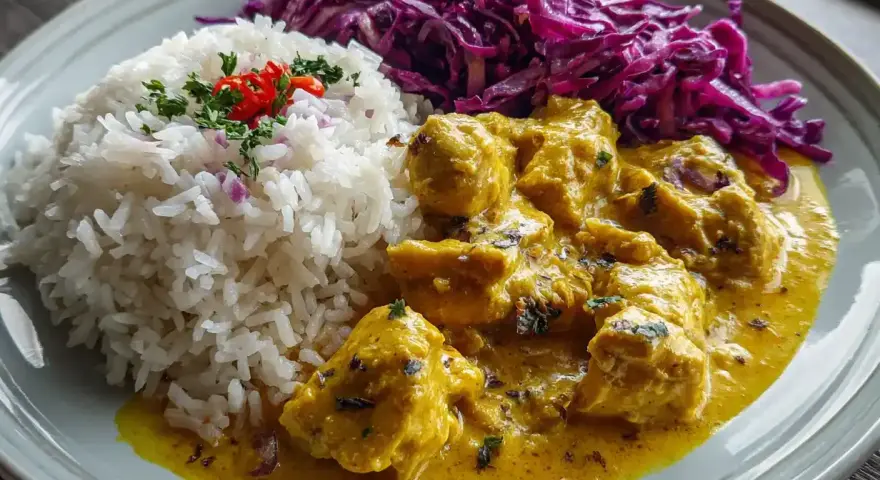 En tallrik med kyckling i en krämig currysås, ris och rödkålssallad. En härlig kyckling mango chutney-rätt.