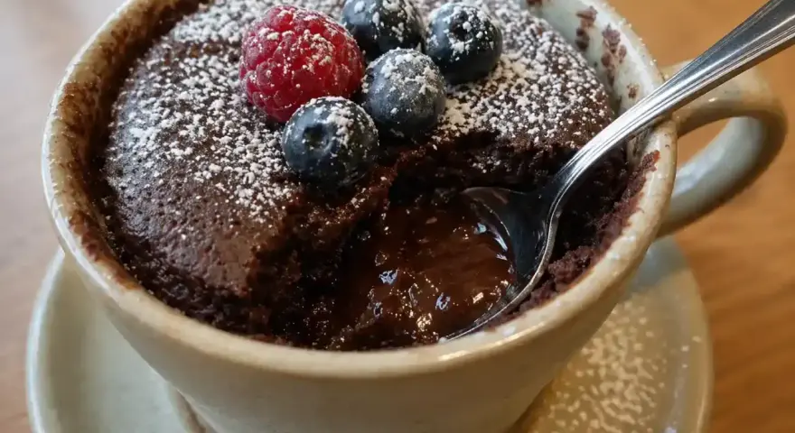 En kladdkaka i micro, toppad med bär och pudrat socker. En sked är nedsatt i den rinnande chokladen.