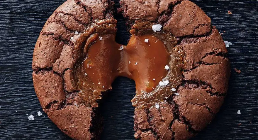 En brownie cookie med salt karamell som rinner ut.