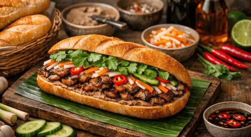 En saftig banh mi med grillat kött, färska grönsaker och koriander. Serveras med tillbehör som inlagda grönsaker och chilisås.