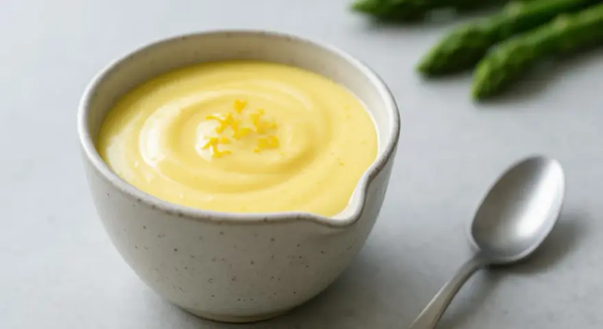En skål med krämig hollandaisesås, garnerad med citronskal. Sparris och en sked syns i bakgrunden.