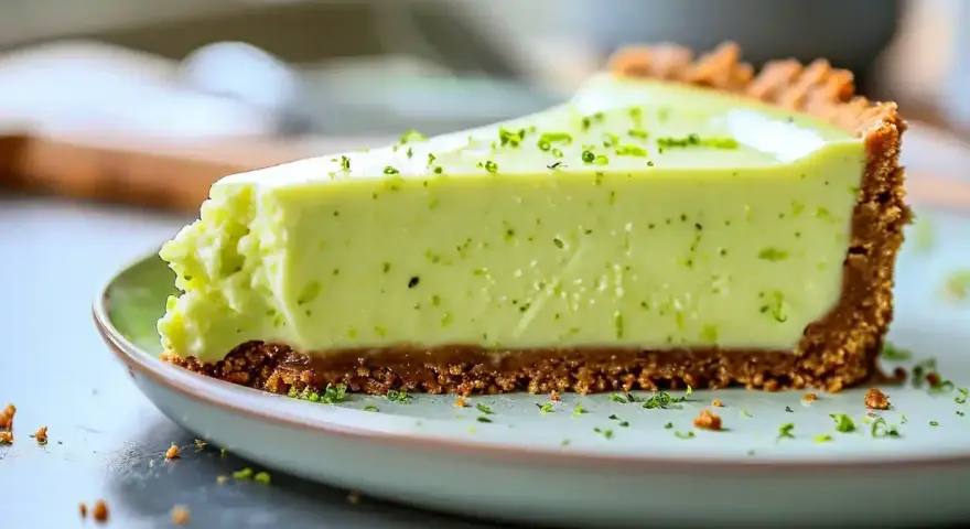 En krämig lime cheesecake med krispig botten, toppad med rivet limeskal. En perfekt dessert för en solig dag.