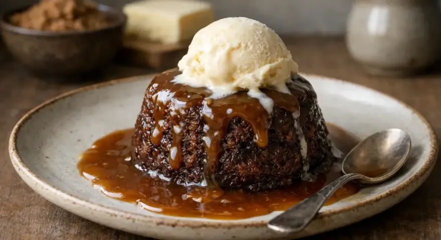 En läcker sticky toffee pudding med en kula vaniljglass och rinnande kolasås.