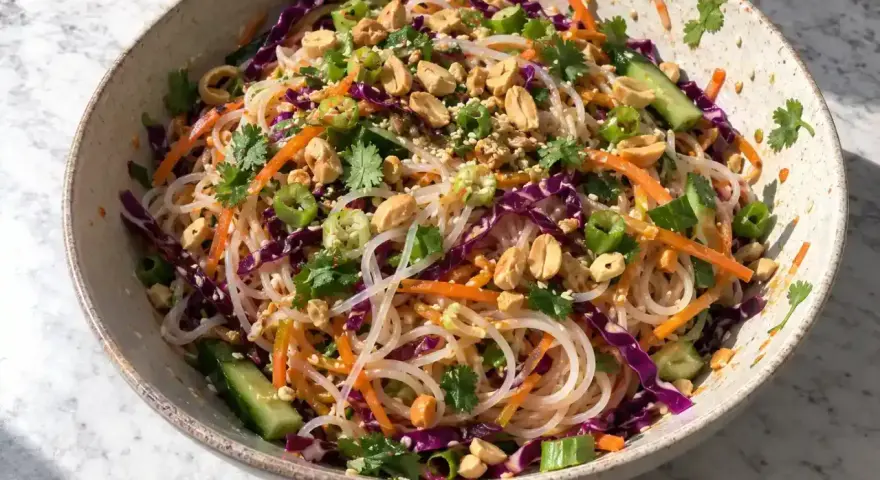 En skål med asiatisk nudelsallad med risnudlar, strimlad morot, rödkål, gurka, jordnötter och koriander.