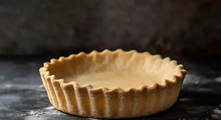 En gyllene, glutenfri pajdeg med vågiga kanter, redo att fyllas med din favorittårta.