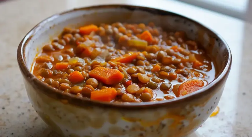 En skål med mustig morot och broccolisoppa, full av linser och saftiga morotsbitar.