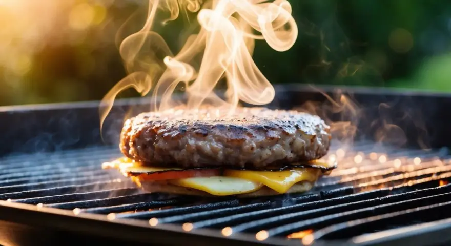 En saftig hamburgare med smält ost och tomat grillas. Röken stiger och indikerar perfekt hamburgare temperatur.