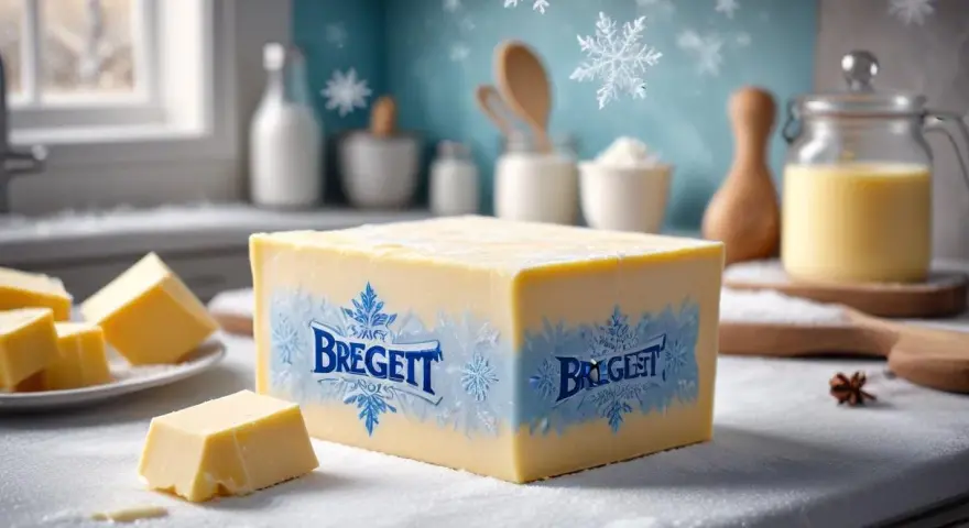 En stor bit Bregott ligger på ett snöigt köksbord. Frågan är: kan man frysa bregott? Snöflingor faller i bakgrunden.