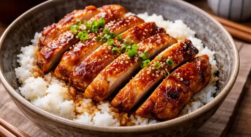 En skål med fluffigt ris toppad med saftig, glaserad teriyaki kyckling, garnerad med sesamfrön och grön lök.