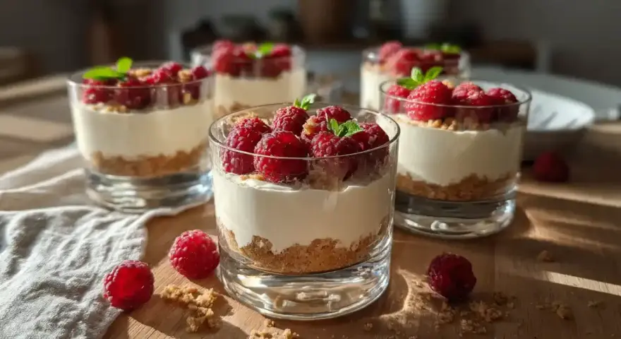 Fluffig cheesecake i glas med hallon och mynta. En perfekt sommardessert som ser lika god ut som den smakar.