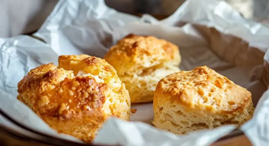 Tre gyllene scones, perfekt att baka i airfryer, ligger på vitt bakplåtspapper i en korg.
