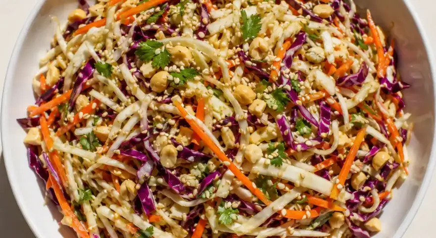 En fräsch asiatisk kålsallad med strimlad vit och rödkål, morötter, jordnötter och sesamfrön.