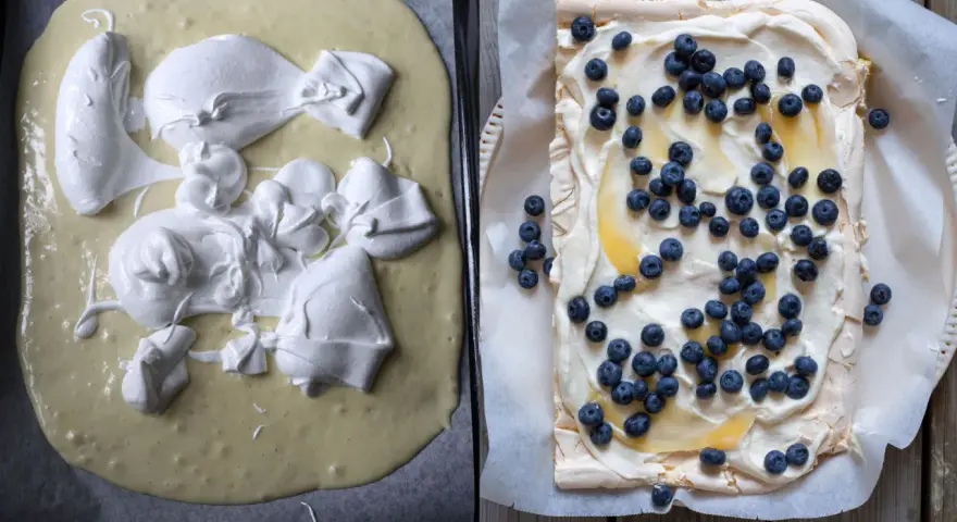 En pinocchiotårta med lemoncurd och blåbär. Till vänster, smeten med marängtoppar. Till höger, färdig tårta.