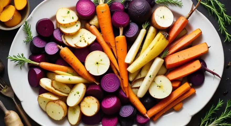 En härlig tallrik med ugnsrostade rotfrukter: morötter, potatis, rödlök och palsternacka. En perfekt rotfrukter lista för en hälsosam måltid.