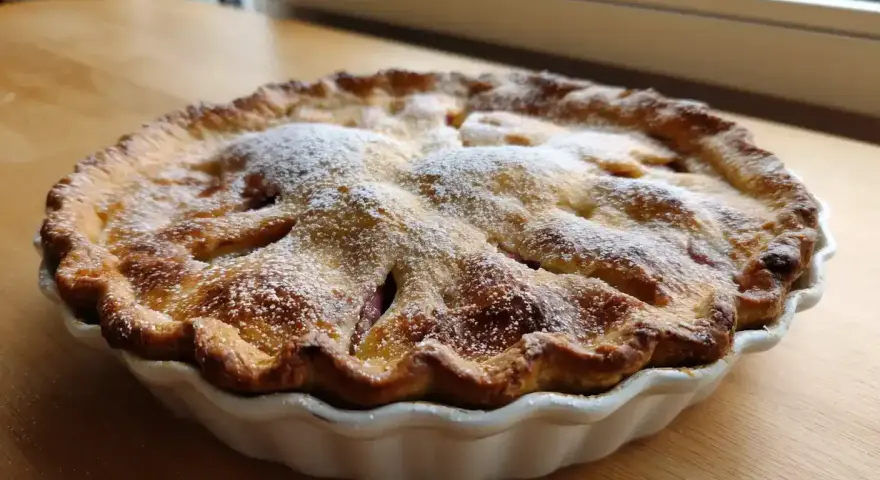En gyllene rabarberpaj med kardemumma, pudrad med florsocker, står på ett träbord.