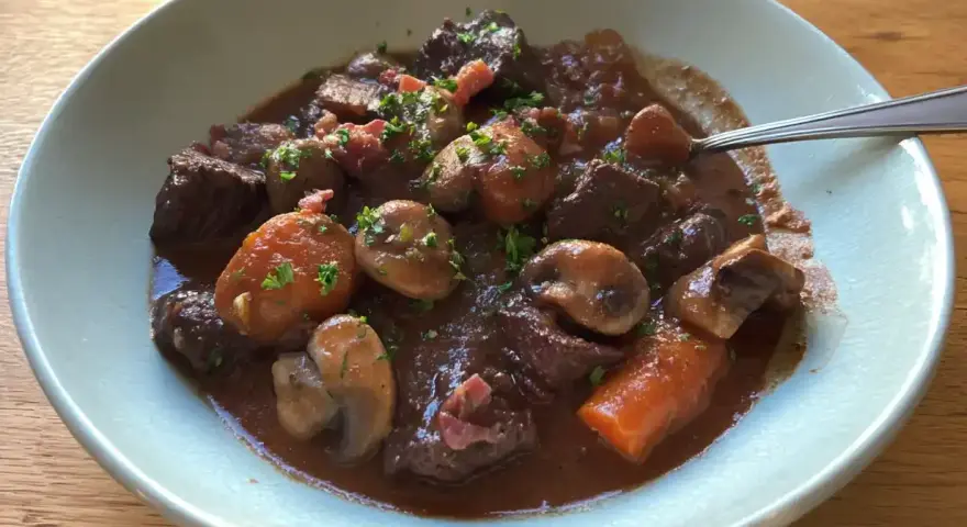En skål med mustig boeuf bourguignon, fylld med mört kött, champinjoner och morötter, toppad med persilja.