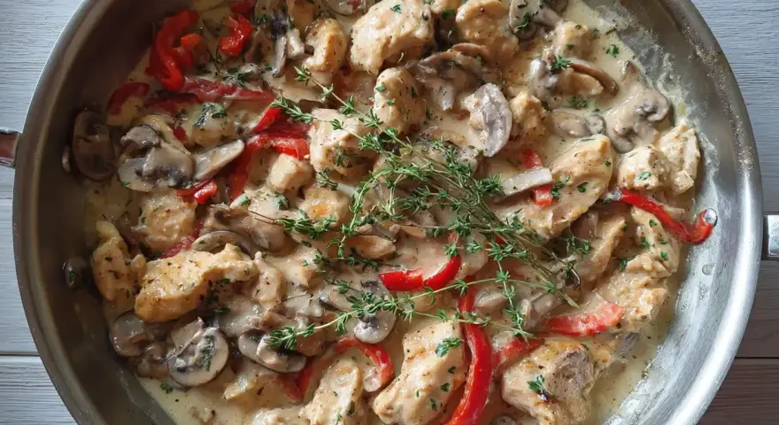 Kyckling i krämig sås med champinjoner och paprika, toppad med färsk timjan. En härlig kyckling creme fraiche-rätt.