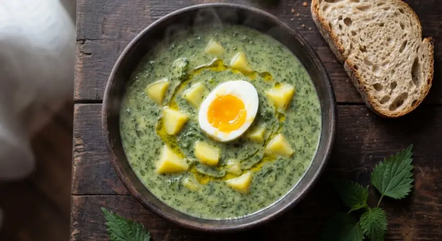 Varm, grön nässelsoppa med potatis och ett perfekt kokt ägg. Serveras med en bit rustikt bröd.