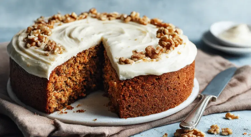 En saftig morotskaka utan socker, toppad med krämig frosting och valnötter. Perfekt för en hälsosam fika.