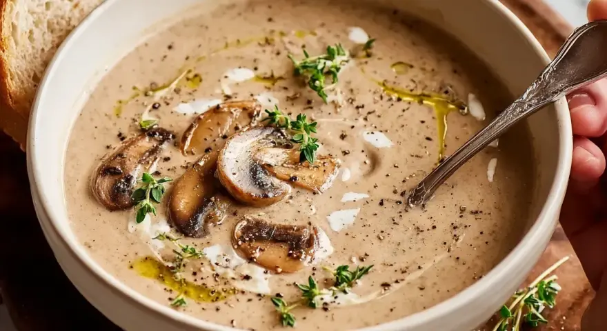 Krämig svart trumpetsvamp soppa med champinjoner, örter och en skiva bröd.