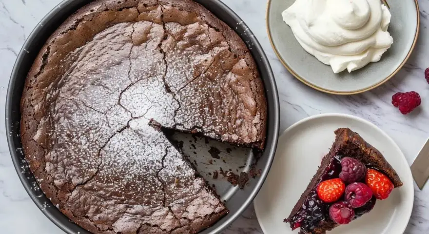 A whole chocolate cake with a slice removed, topped with powdered sugar, next to a slice of cake with berries and a dollop of whipped cream.