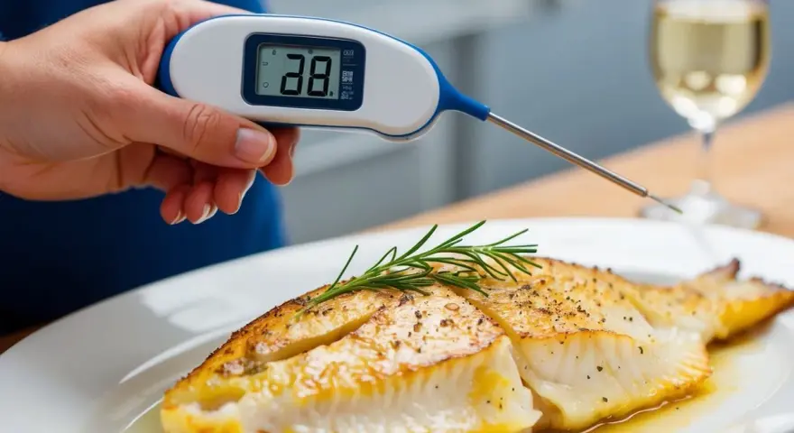En hand håller en digital termometer som mäter torskens temperatur, 38 grader.