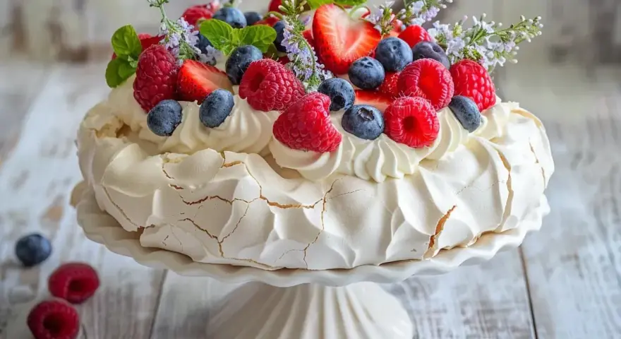 Vacker pavlova med grädde och färska bär, perfekt att dekorera tårta med.