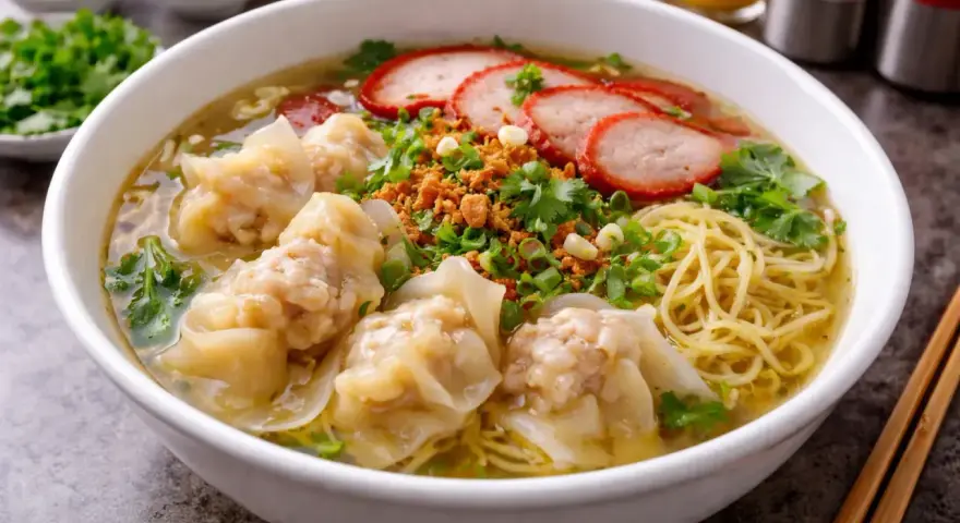 En skål med nudlar, wontons, skivat fläsk och grönsaker. Perfekt för att avgöra hur mycket soppa per person.
