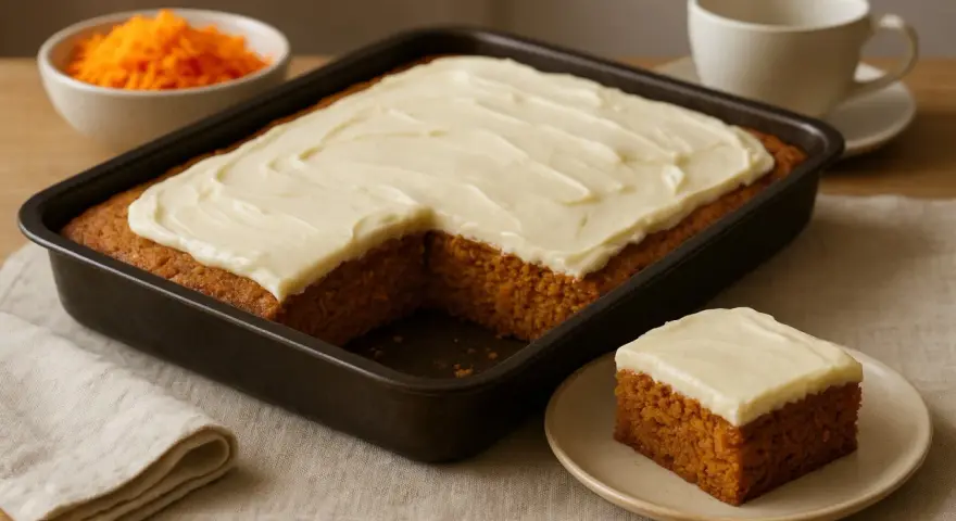 A rectangular carrot cake with white frosting in a baking pan, with a slice on a plate and a bowl of shredded carrots.
