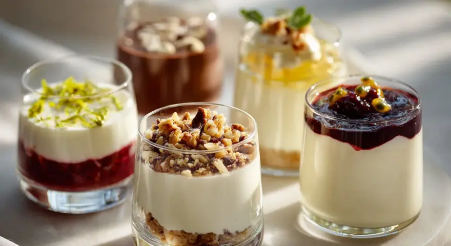 Fem olika dessert i glas, med lager av frukt, kräm och nötter. En fest för ögat och gommen.