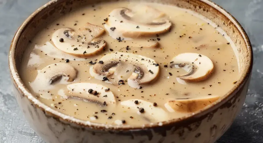 A bowl of creamy mushroom soup with sliced mushrooms and black pepper.