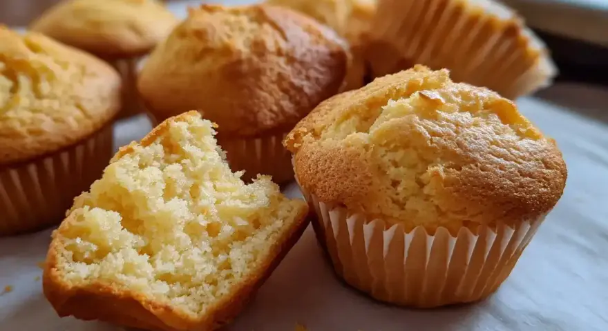 Gyllene muffins, perfekta för ett glutenfritt fika. En är uppdelad och visar en fluffig insida.