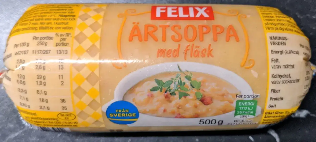 Felix ärtsoppa med fläsk, 500g. Perfekt för en snabb måltid, och ja, kan man frysa ärtsoppa? Absolut, för att ha en portion redo.