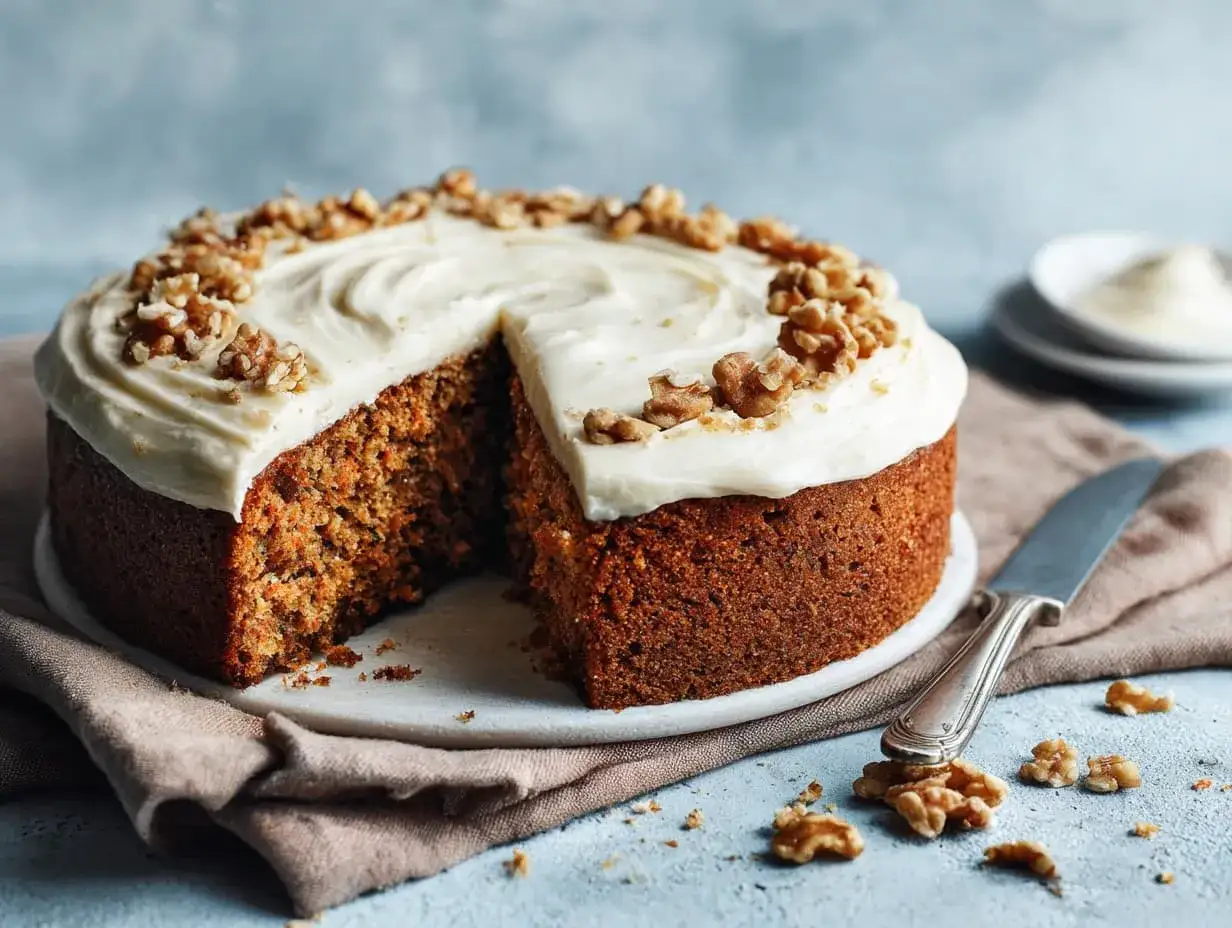 En saftig morotskaka med krämig frosting och valnötter. En bit är redan bortskuren, redo att avnjutas.