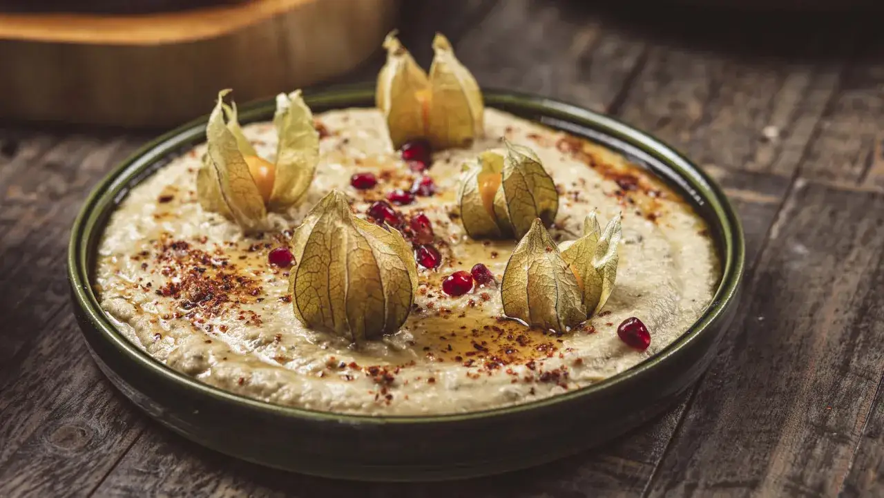 Krämig baba ganoush toppad med physalis och granatäppelkärnor på en rustik träyta.