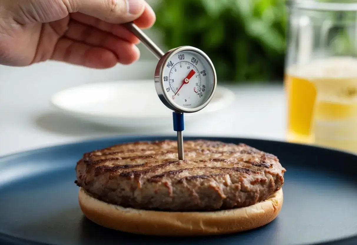 En hand mäter hamburgarens temperatur med en termometer. Perfekt tillagad, redo att serveras.
