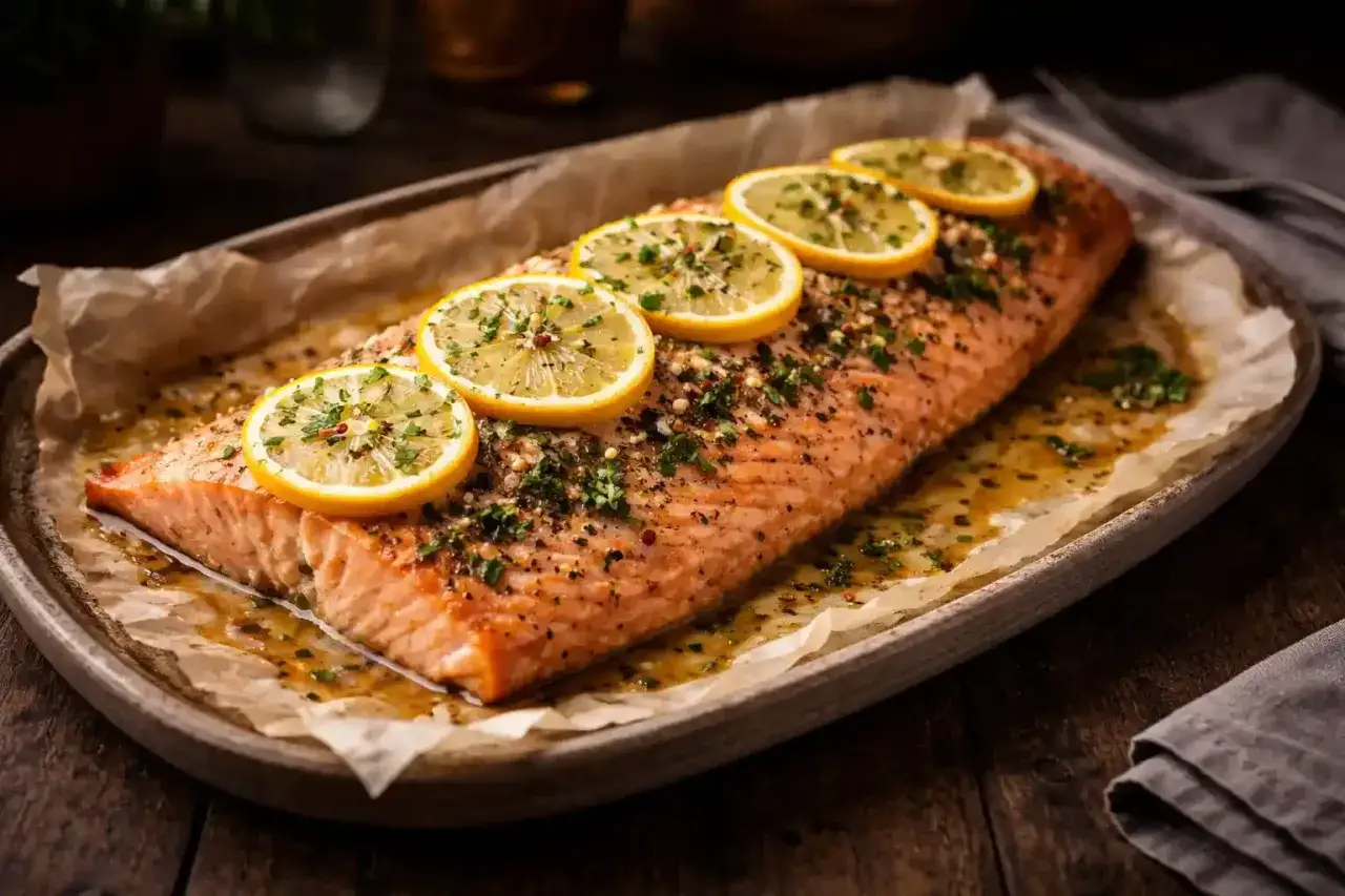Ugnsbakad lax med citronskivor och örter, perfekt för en enkel middag.