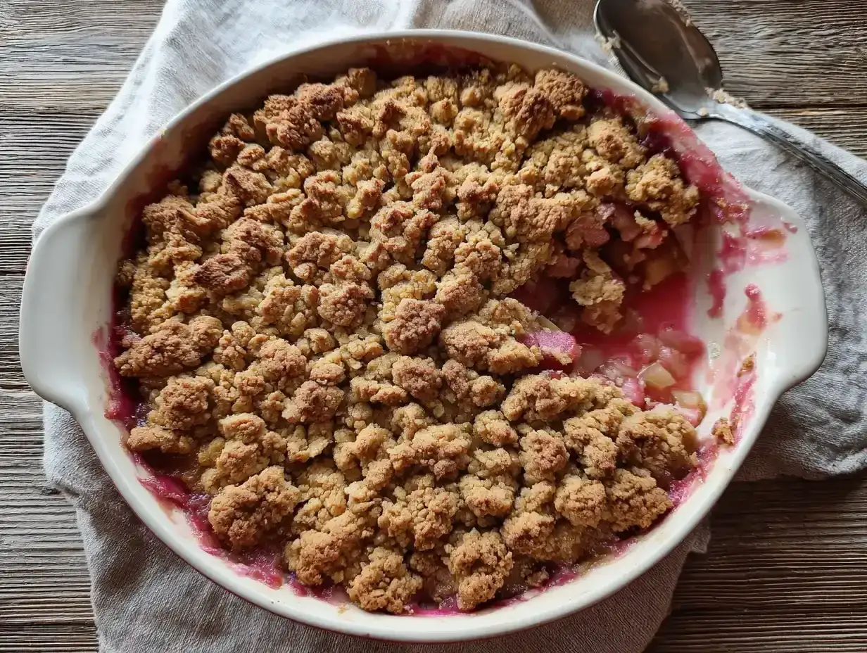 Enkel rabarberpaj med krispigt smultäcke i en vit ugnsform. En härlig dessert som passar perfekt till fikat.