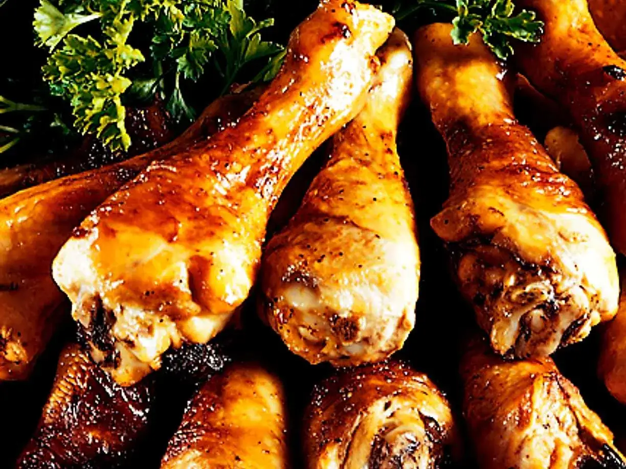 Grillade kycklingben med gyllene skinn, perfekt tillagad kycklingben temperatur. Garnerat med persilja.