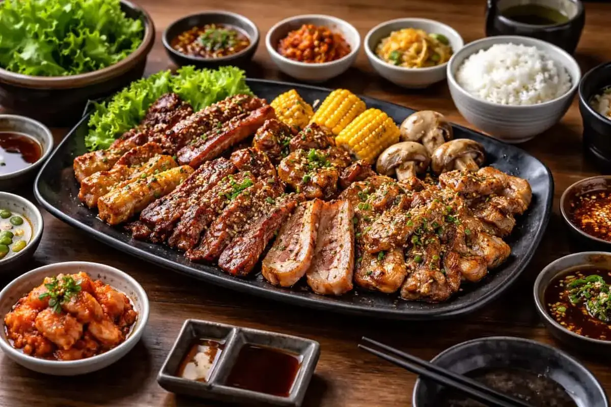 En stor bricka med saftigt korean bbq, majskolvar, champinjoner, sallad och olika dippsåser.