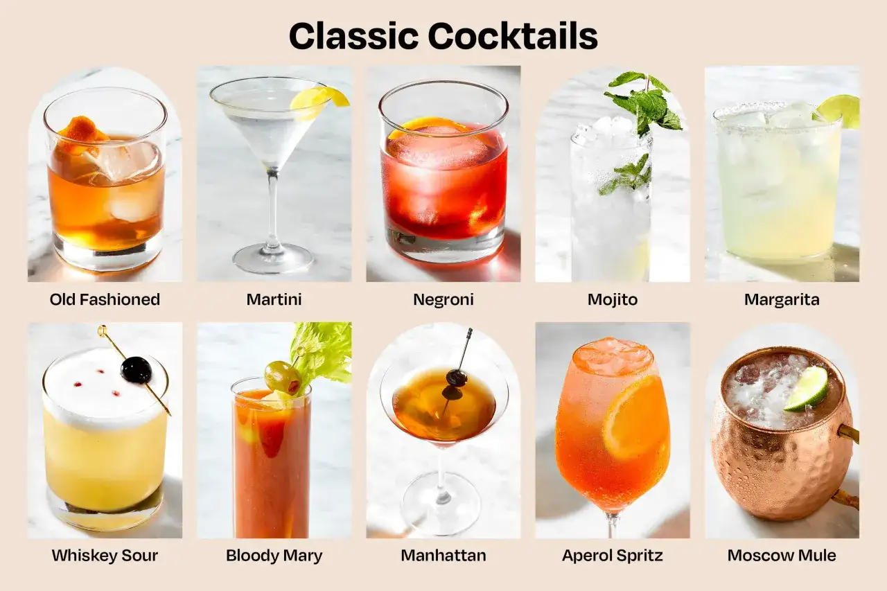 En samling klassiska drinkar: Old Fashioned, Martini, Negroni, Mojito, Margarita, Whiskey Sour, Bloody Mary, Manhattan, Aperol Spritz och Moscow Mule.