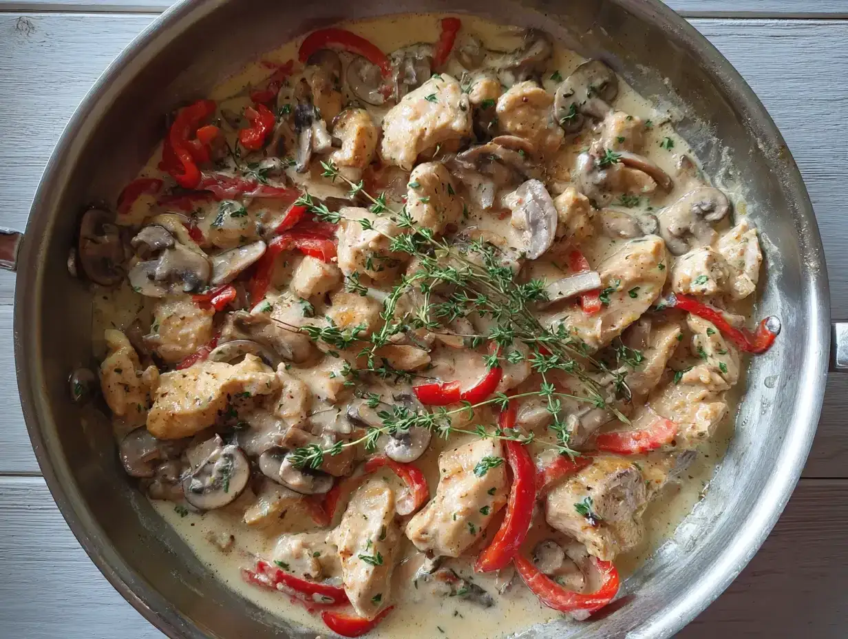 Kyckling i krämig sås med champinjoner och paprika, toppad med färsk timjan. En härlig kyckling creme fraiche-rätt.