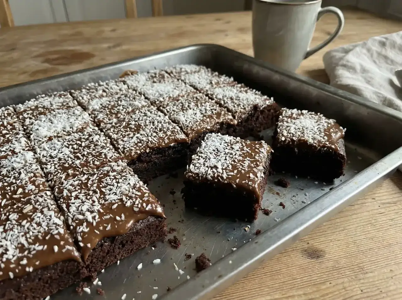 En nybakad, nyttig kladdkaka med chokladglasyr och kokosflingor i en ugnsform. En mugg kaffe står bredvid.