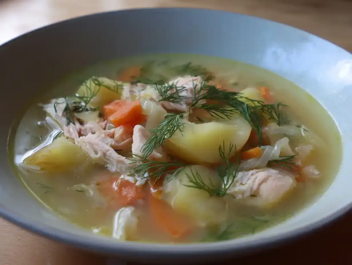 En närbild på en skål med värmande laxsoppa med potatis, morötter och dill.