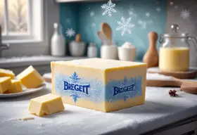 En stor bit Bregott ligger på ett snöigt köksbord. Frågan är: kan man frysa bregott? Snöflingor faller i bakgrunden.